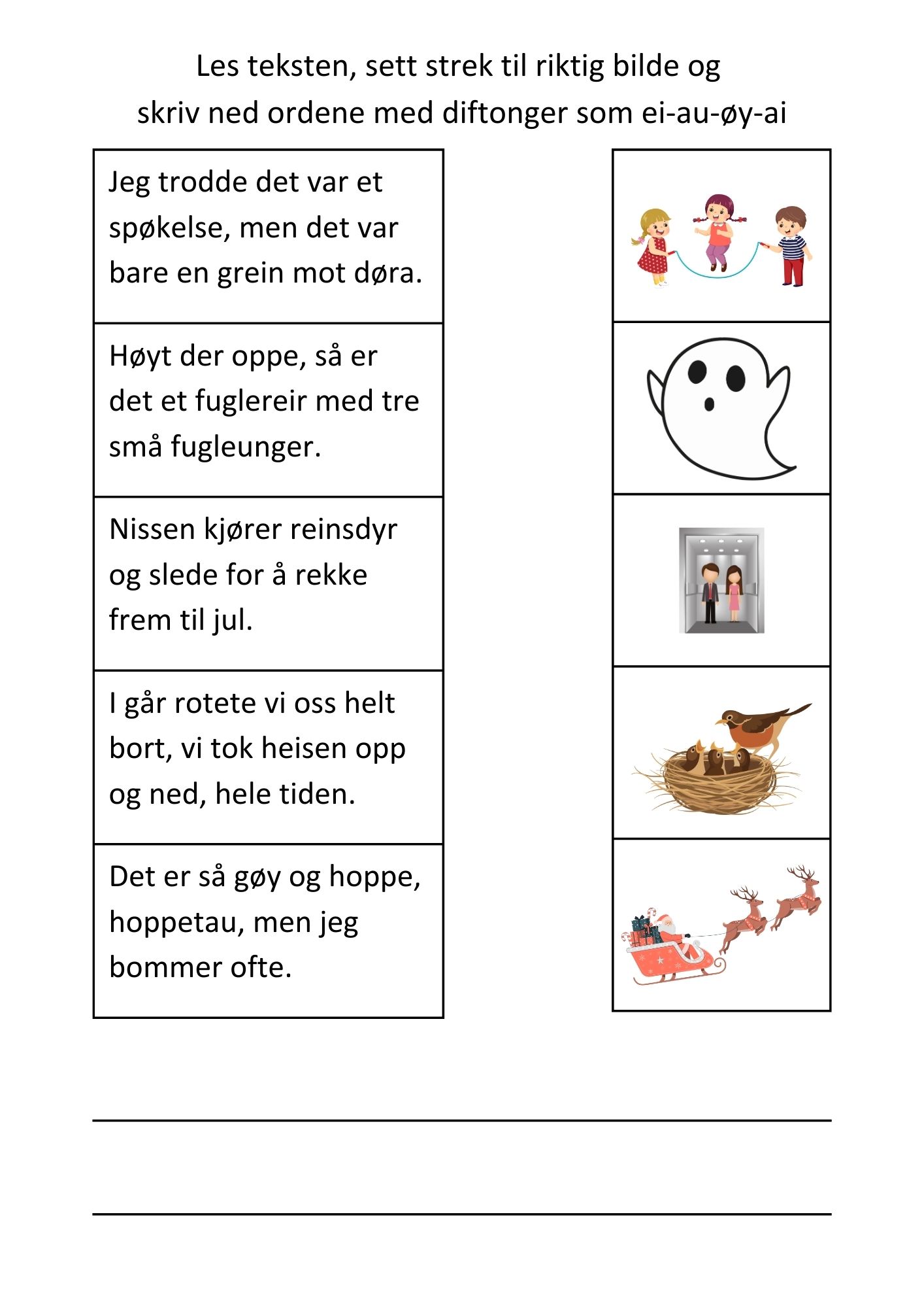 10 arbeidsark med setninger og leseforståelse med diftonger - les - sett strek - skriv ordene - Bilde 3