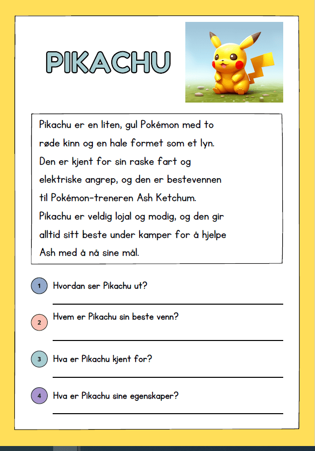 Leseforståelse norsk - Pokemon1 - 4 tekster