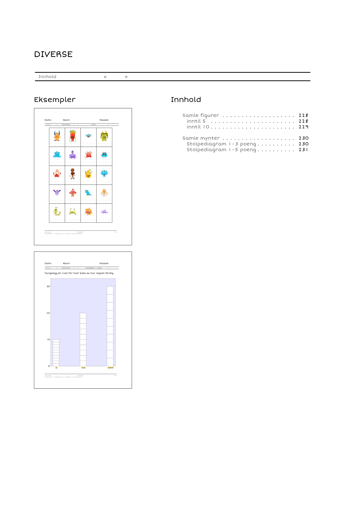 Monstermatte - hoderegning - addisjon/subtraksjon - ark med differensiering