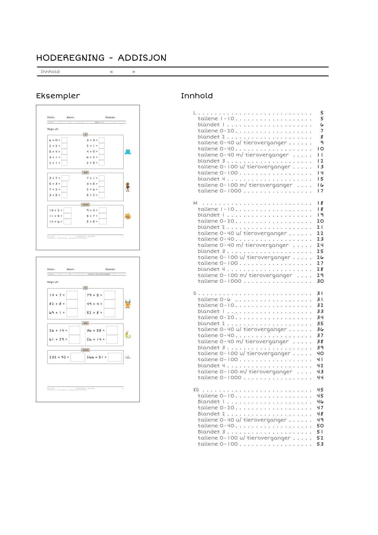 Monstermatte - hoderegning - addisjon/subtraksjon - ark med differensiering - Bilde 2