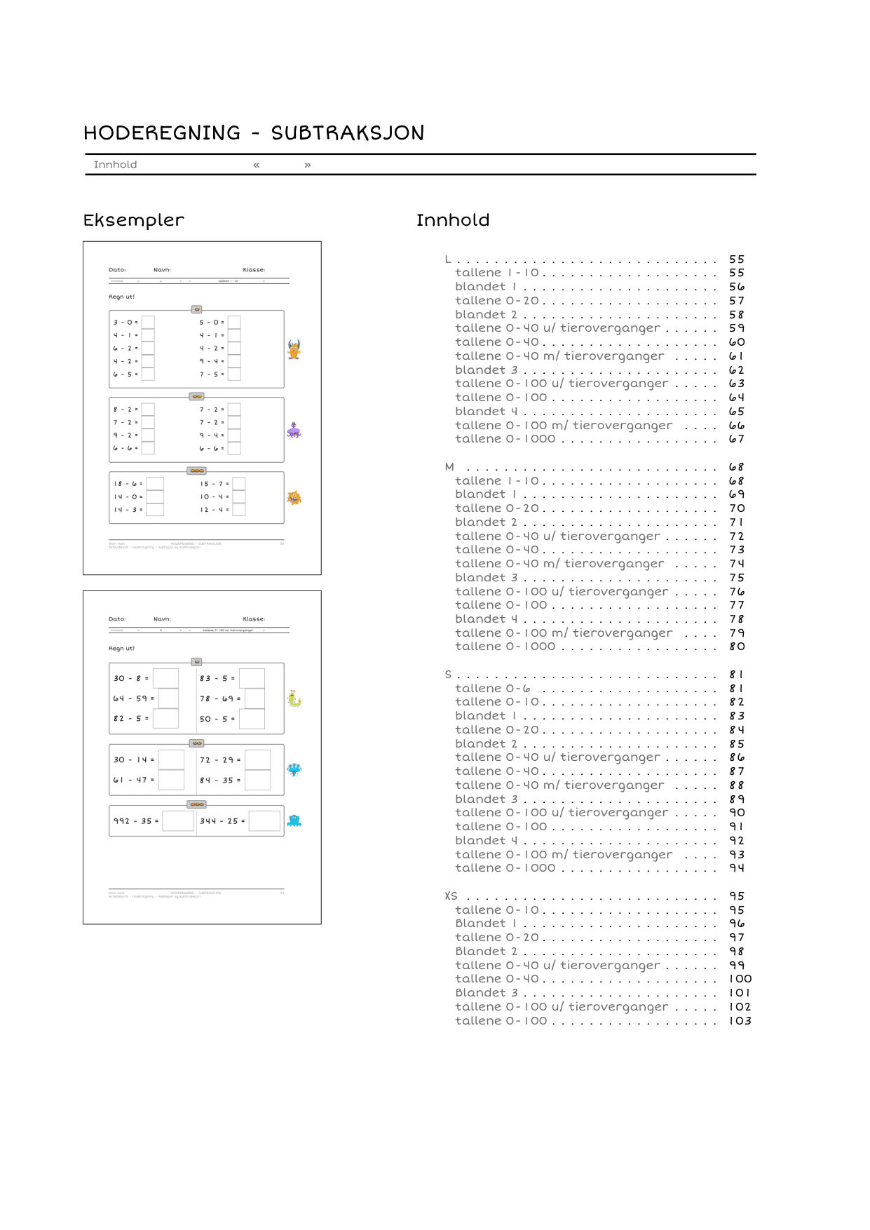 Monstermatte - hoderegning - addisjon/subtraksjon - ark med differensiering - Bilde 3