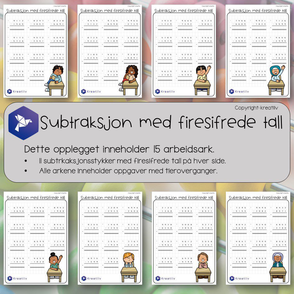 Subtraksjon med firesifrede tall - oppstilte regnestykker