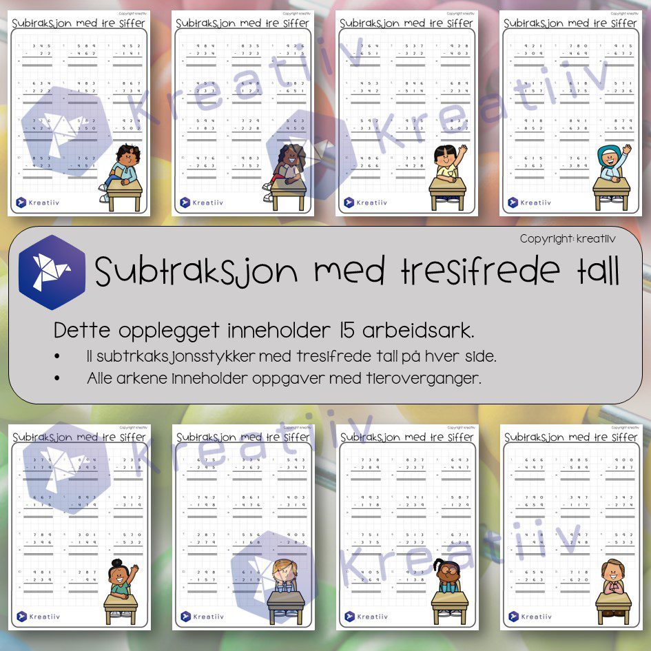 Subtraksjon med tresifrede tall - oppstilte regnestykker