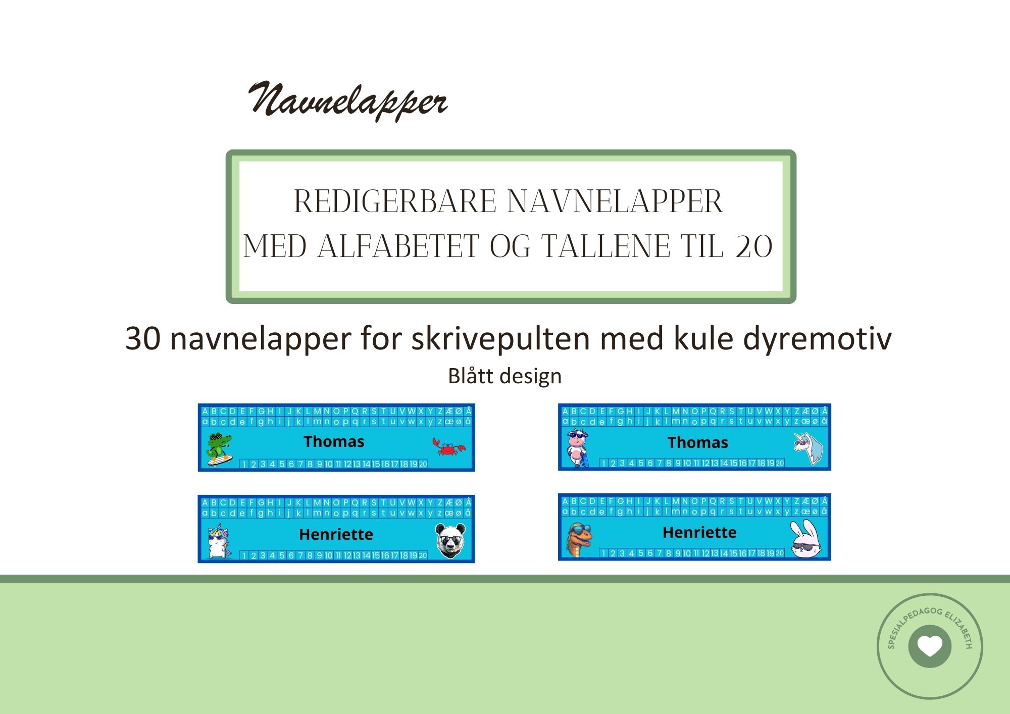 Redigerbare navnelapper for skrivepulten