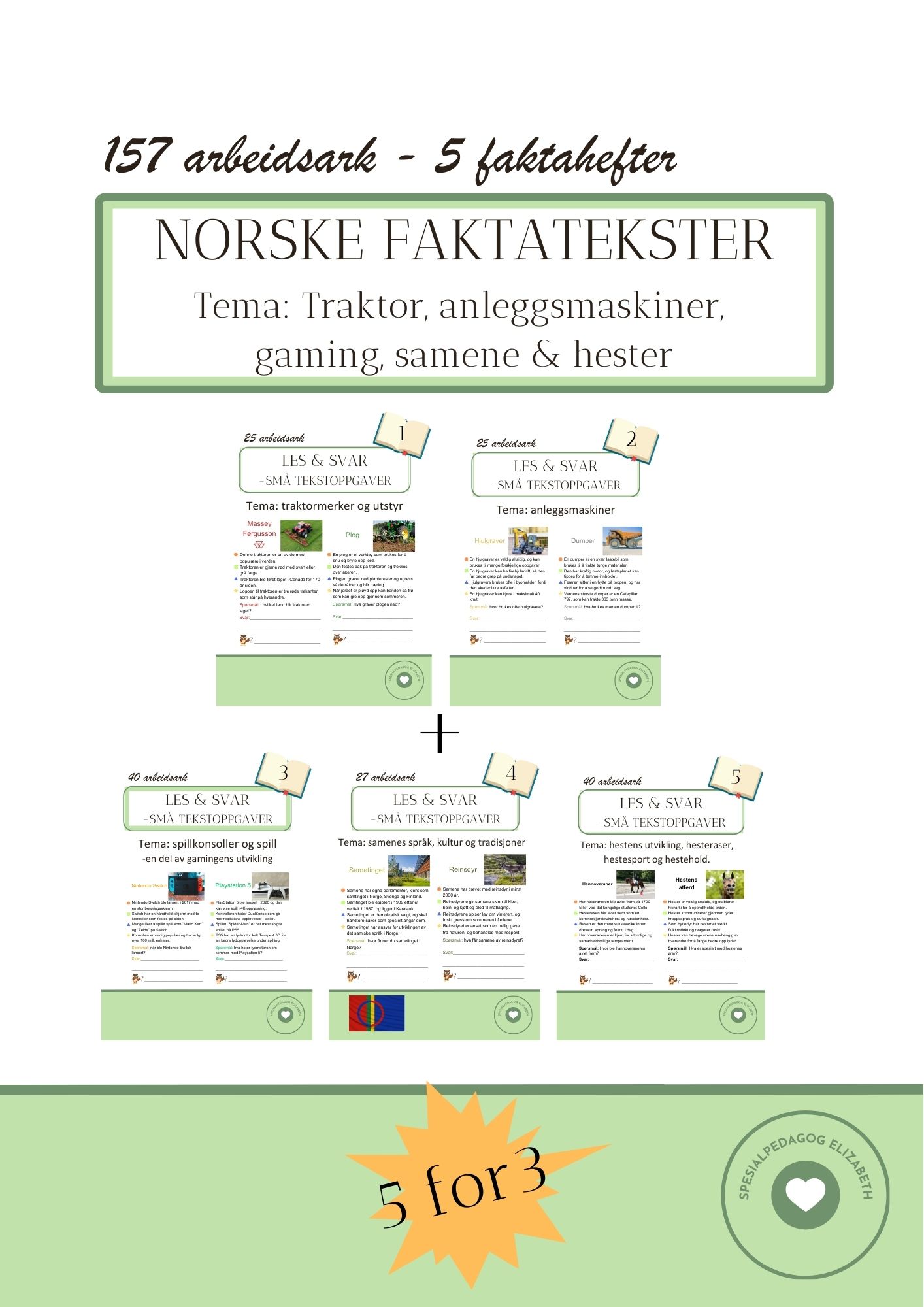 SAMLEPAKKE: 5 norske faktatekster med tema: traktor, anleggsmaskiner, gaming, samene og hester