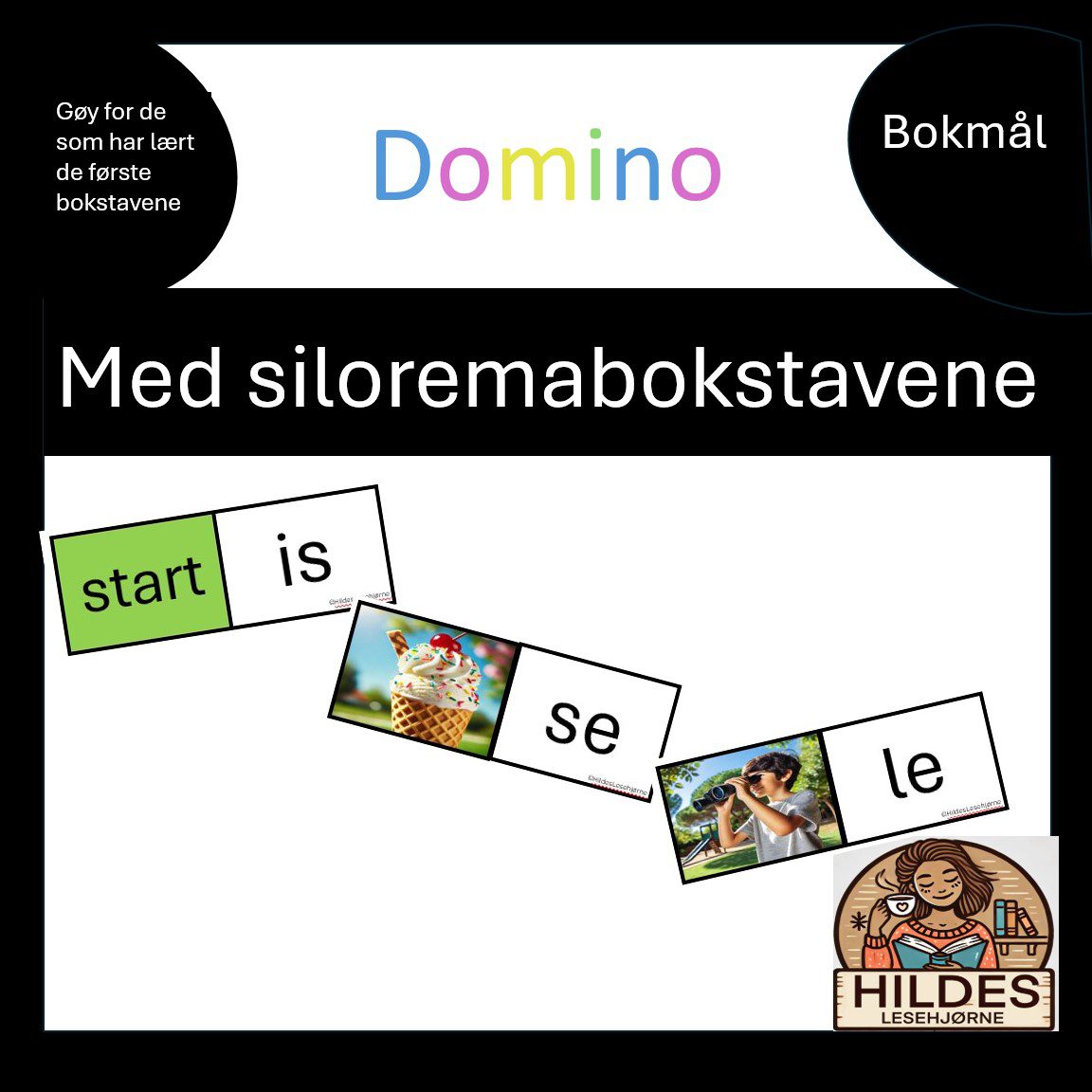Lesedomino med bokstavene silorema