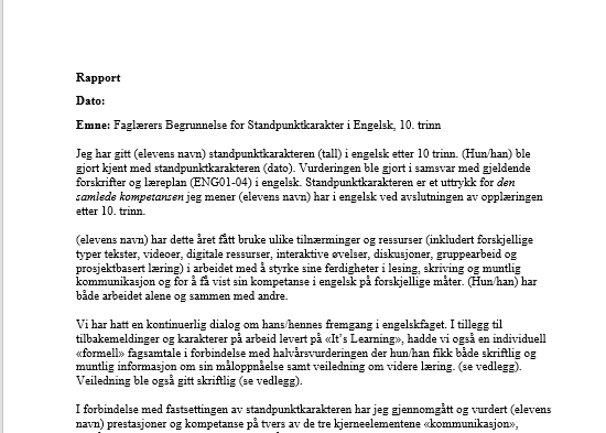 Faglærers Begrunnelse for Standpunktkarakter i Engelsk, 10. trinn - MAL (template)