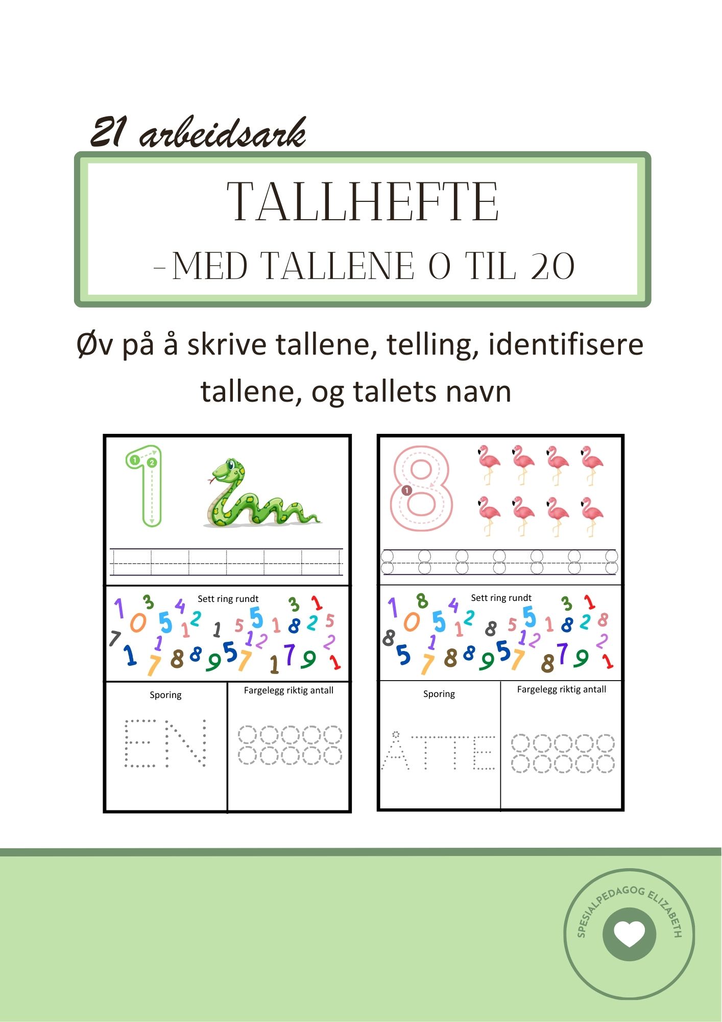 Tallhefte med tallene 0 til 20, telling, sporing, identifisering og fargelegging av tall