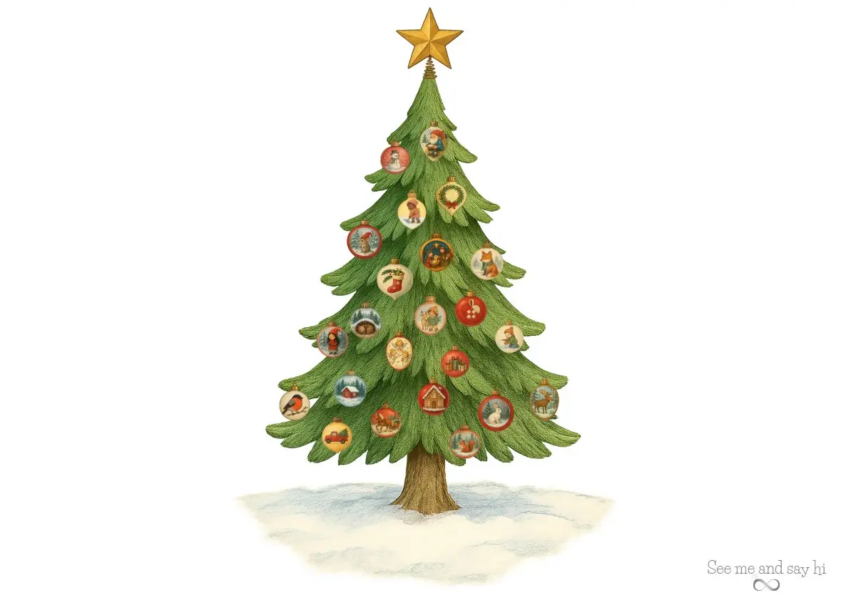 Adventskalender med et stort juletre, 24 julekuler med vintermotiver og en gullstjerne.
