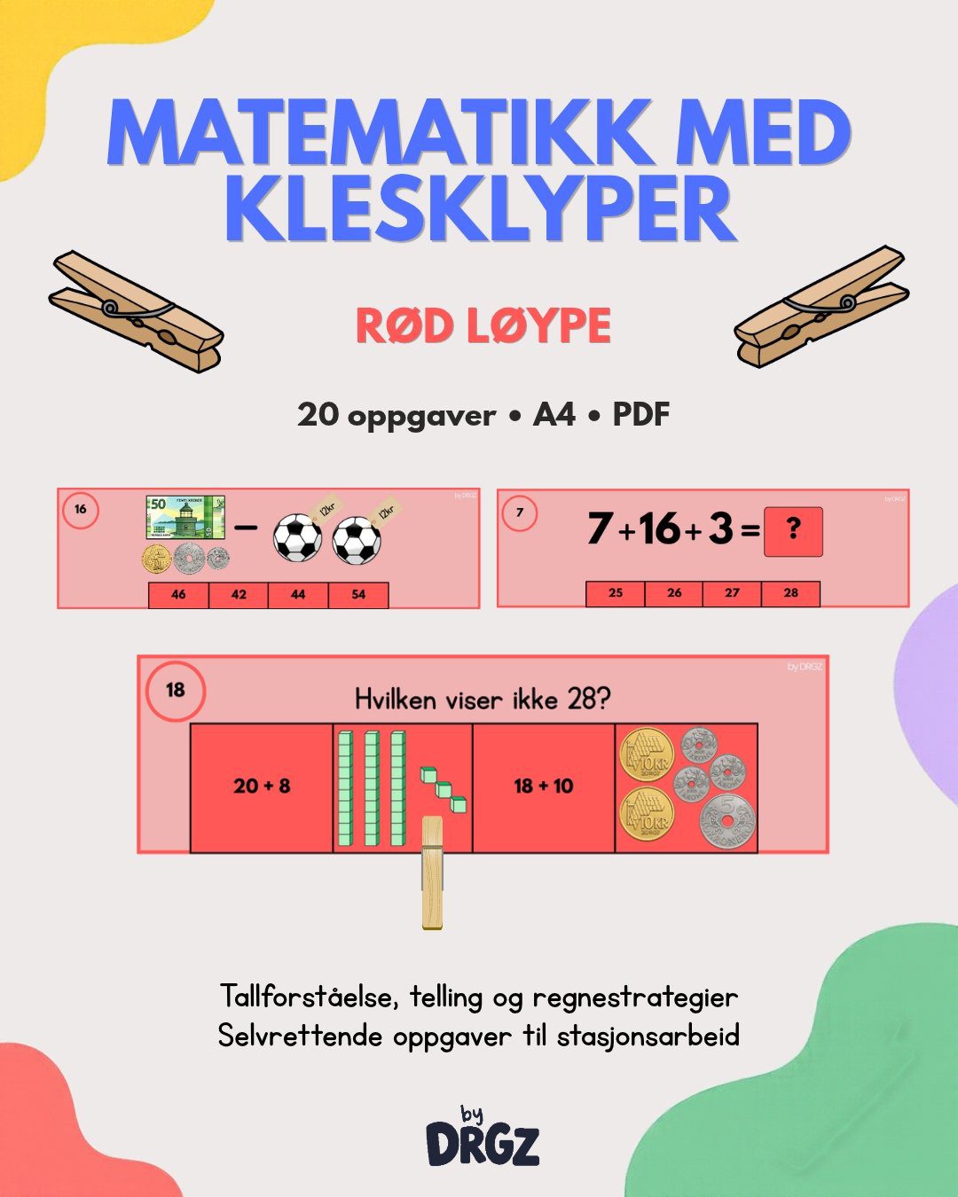 Matematikk med klesklyper, rød løype med selvrettende oppgavekort for 2. trinn.