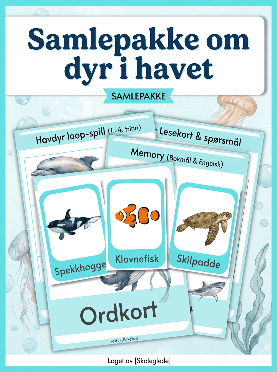 Samlepakke med spill og kort om dyr i havet til norskopplæring.