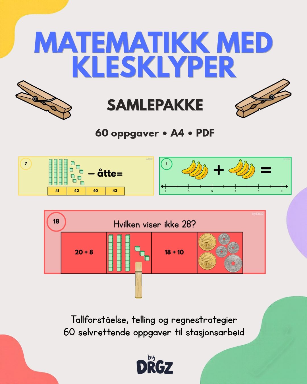 Matematikk med klesklyper for 2. trinn med oppgavekort i grønn, gul og rød løype.