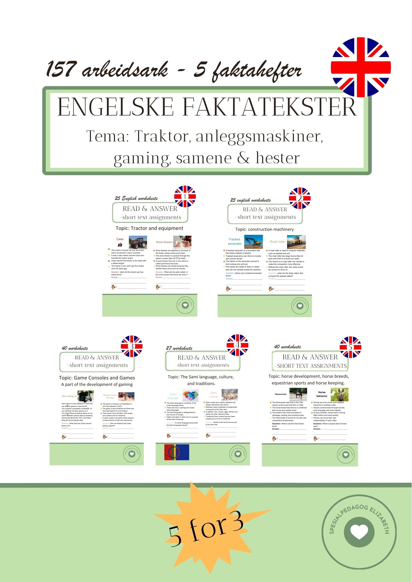 SAMLEPAKKE: 5 engelske arbeidshefter m/ tema: traktor, anleggsmaskiner, gaming, samene og hester