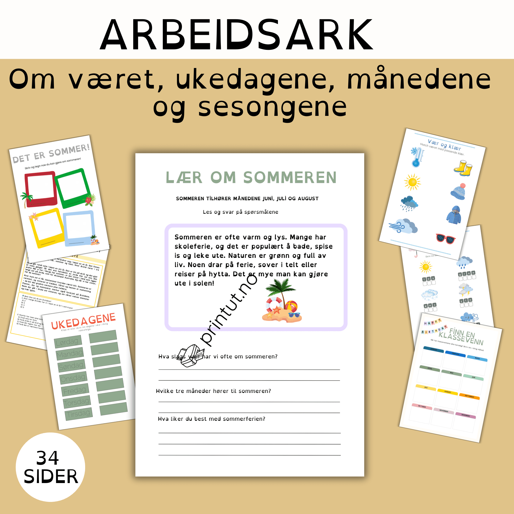 Arbeidsark om vær, ukedager, måneder og sesonger