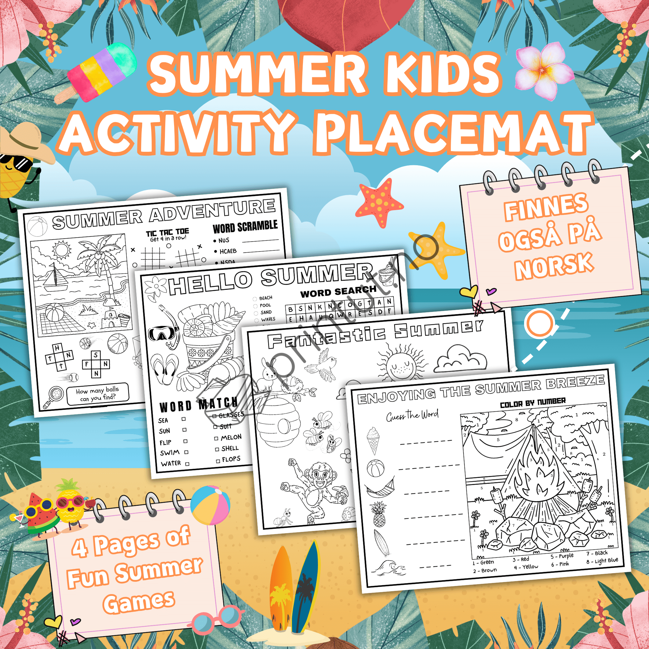 Summer activity placemats