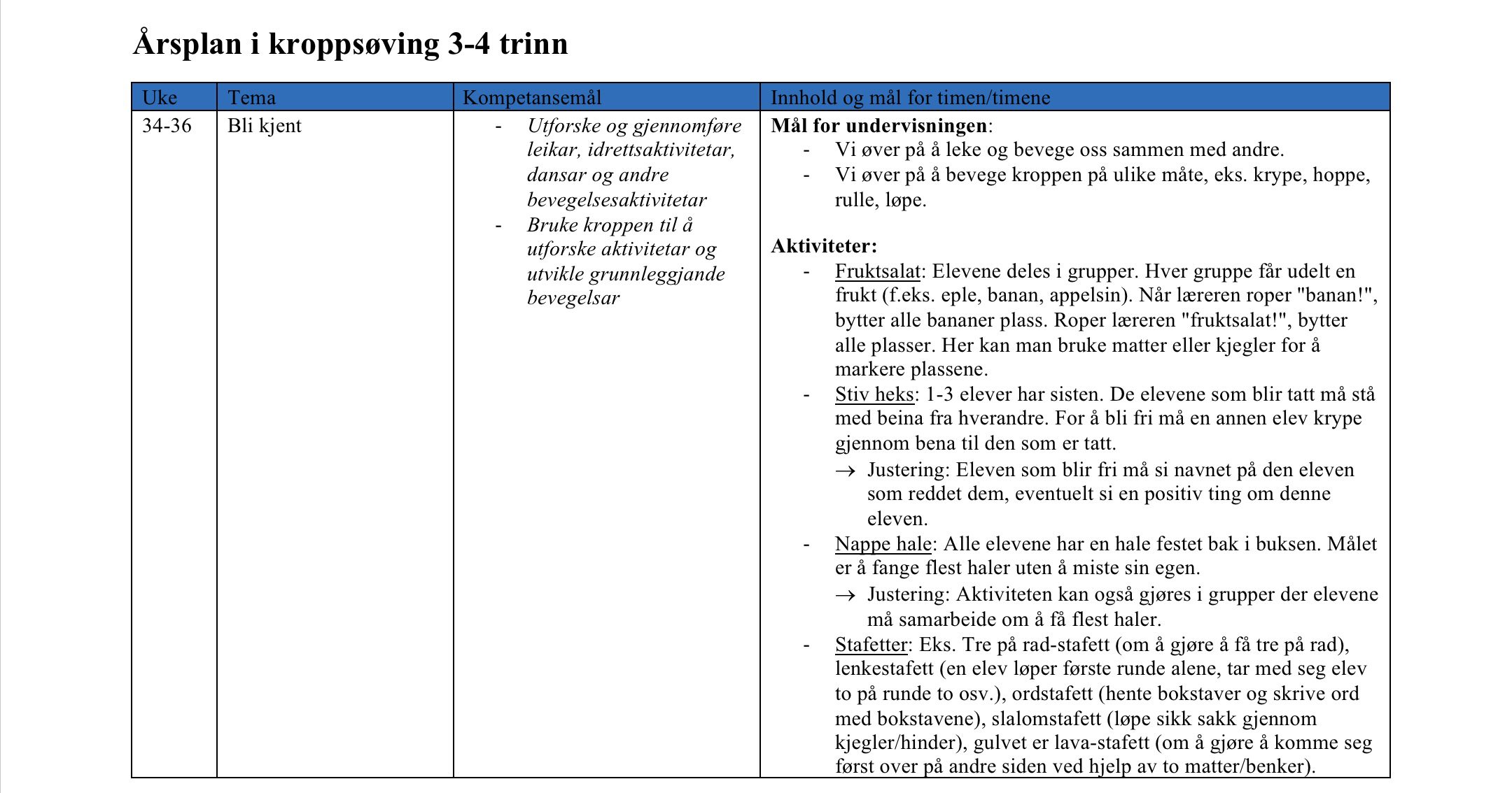 Årsplan i kroppsøving for 3-4 trinn