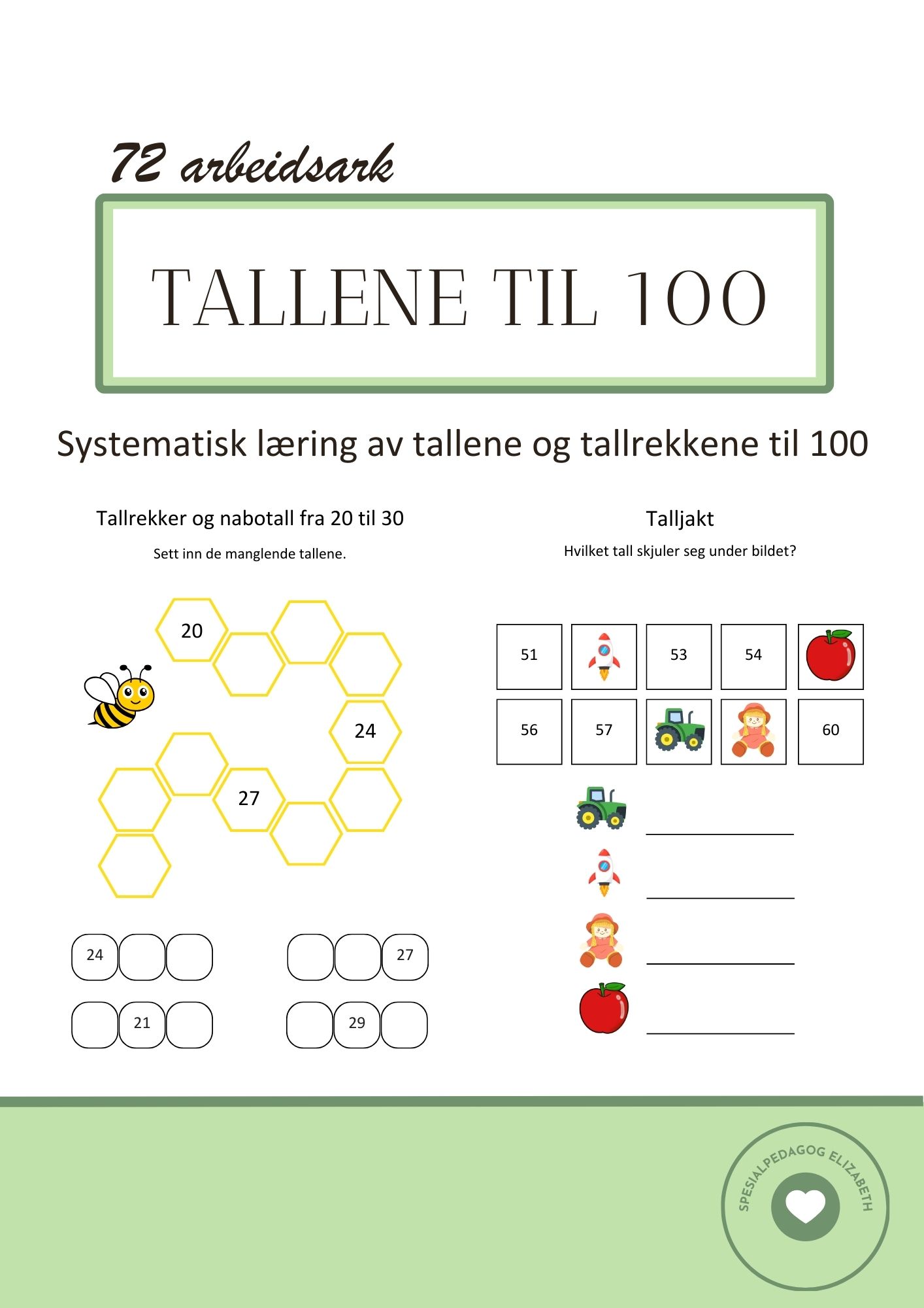 Tallene til 100 - 72 siders arbeidshefte for systematisk å lære tall og tallrekkene til 100