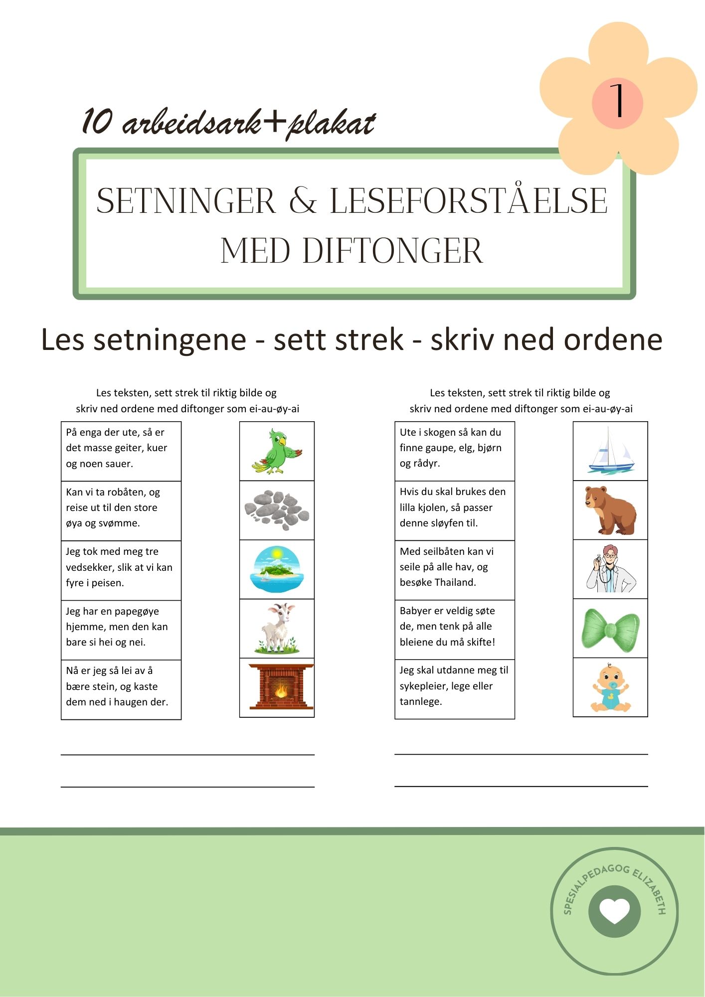 10 arbeidsark med setninger og leseforståelse med diftonger - les - sett strek - skriv ordene