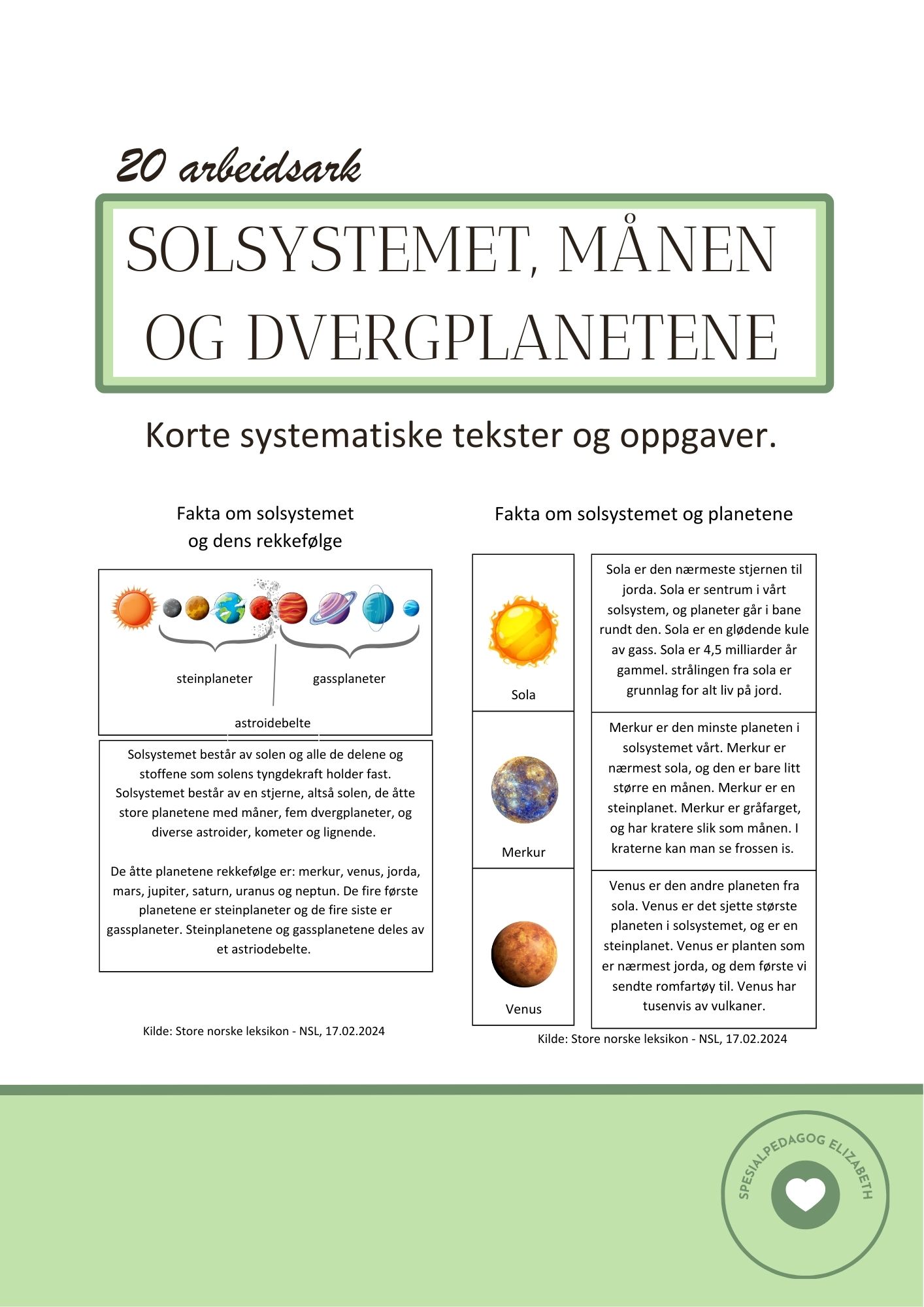Solsystemet, månen og dvergplanetene - korte tekster til hvert emne før oppgaver - arbeidshefte